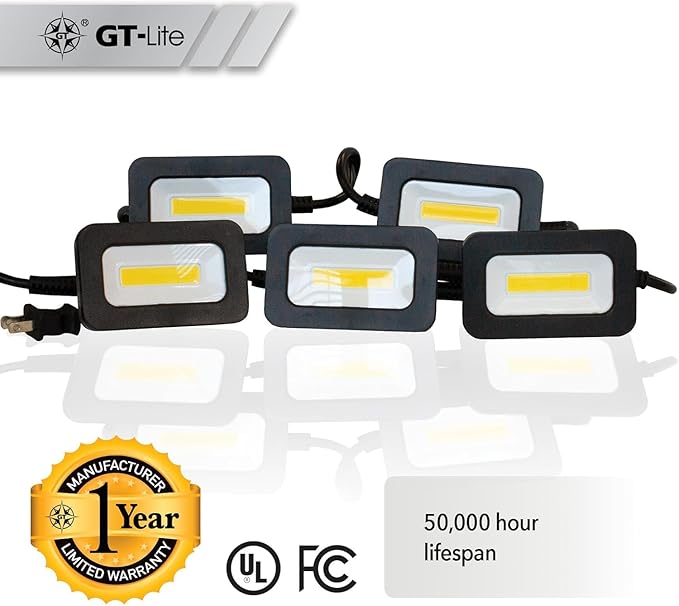 GT-Lite 50FT LED Work Light 50W 5000 Lumen Damp Rated Construction String Lights Linkable for Jobsite Lighting, 5000k Daylight White, ETL Listed (5 Light Heads)