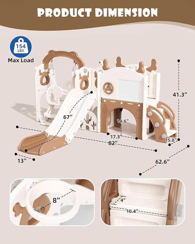 XJD 13-in-1 Toddler Slide and Swing Set, Kids Slide for Toddlers Age 1+, Toddler Outdoor Playset New Upgrade with Golf Set, Basketball Hoop, Drawing Board for Playground (Brown White)