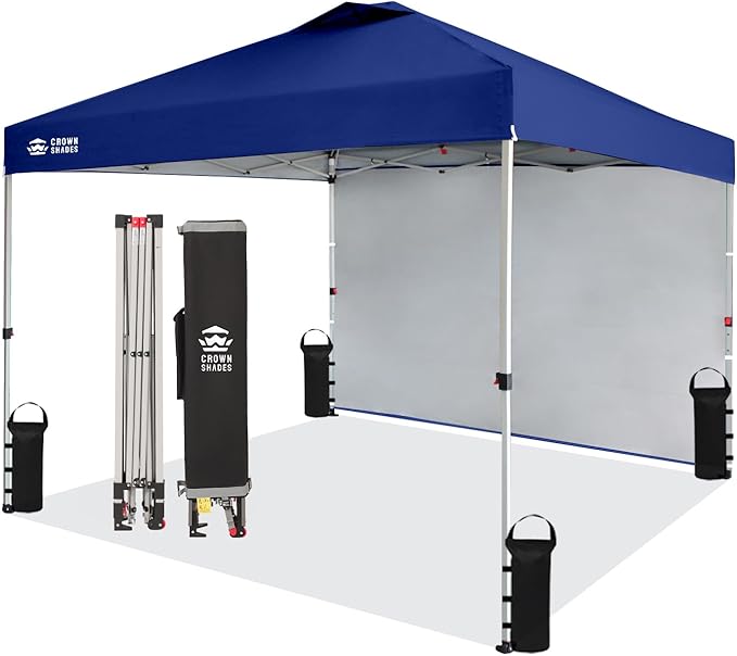 CROWN SHADES 10x10 Pop Up Canopy with 1 Side Wall - Beach Tent with One Push Setup - Outdoor Sun Shade for Events, Parties, Camping - Gazebo with STO-N-Go Cover Bag (Navy Blue)