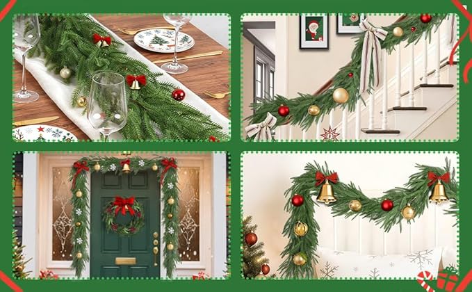 9FT Christmas Norfolk Pine Garland, Artificial Pine Needles Winter Garlands Faux Greenery Fake Garland for Holiday Fireplace,Table, Window, Stairs, Mante, Indoor Outdoor Decor (1 Pack, 9 FT)