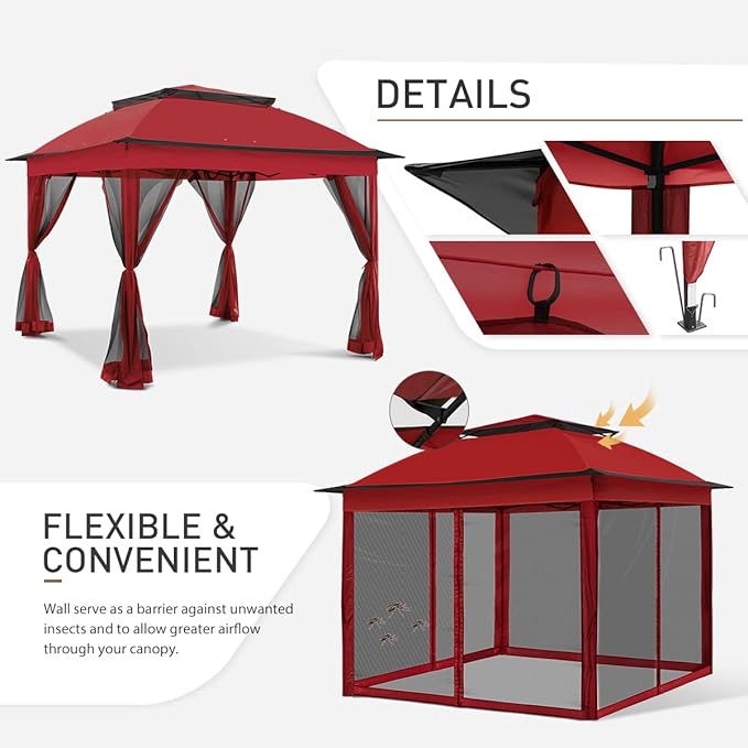 COOS BAY 11x11 Pop Up Gazebo with Mesh Netting, Instant Outdoor Canopy Tent, Water Resistant Shelter with UPF 50+ UV Protection, 121 Sq Ft Coverage, Red