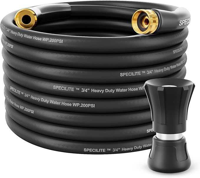 SPECILITE 3/4 Garden Hose 75 ft with High Flow Nozzle, Heavy Duty Flexible Hybrid Rubber Water Hose for Outdoor, Lightweight, Leak-Proof, No-Kink, 3/4Brass Fittings,Black