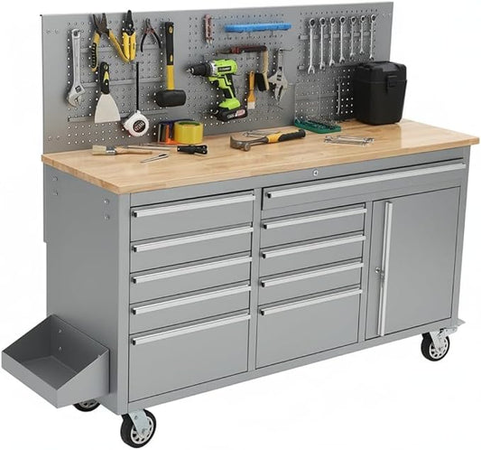61 Inch Rolling Tool Chest, 10 Drawer Garage Tool Cabinet with Solid Rubber Wood Top, Heavy Duty Mobile Workbench with Power Strip, Lockable Steel Storage Organizer for Workshop and Home, Silver