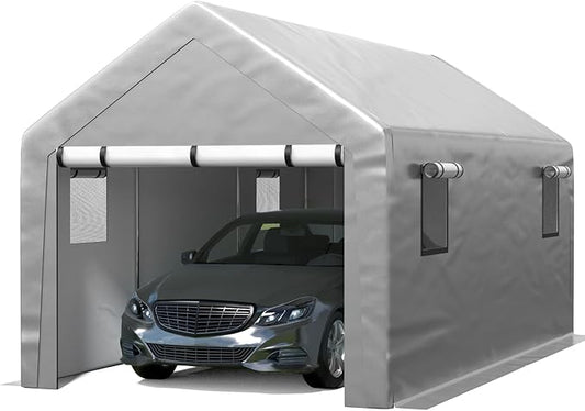 Carport 10x20 FT Enclosed Carport with Roll-up Windows, Portable Garage with Removable Sidewalls & Doors, Car Canopy Tent with Sandbags All-Season Tarp for Car Boat Truck Motorcycle