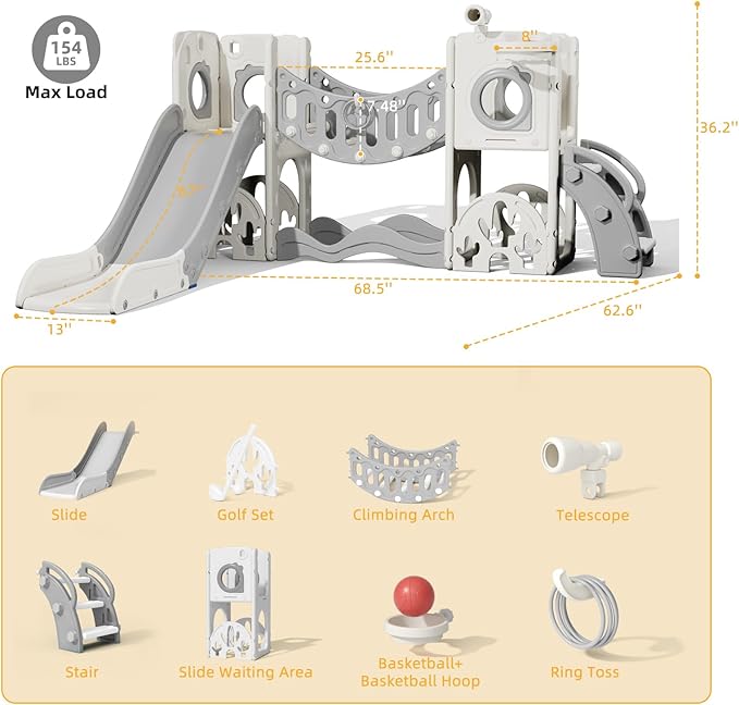 Toddler Playground Playset with Climbing Arch, Golf Set, Slide & Basketball Hoop - Outdoor Toys, Safe & Durable Plastic Garden Equipment (White Gray, Without Swing)
