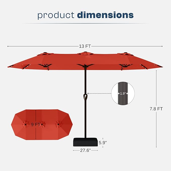 13FT Double-Sided Patio Umbrella with 48 Solar LED Lights, Large Rectangular Outdoor Market Umbrella with Crank Handle, Vented Canopy, Heavy-Duty 12 Rib Steel Frame, for Backyard, Garden, Pool, Orange