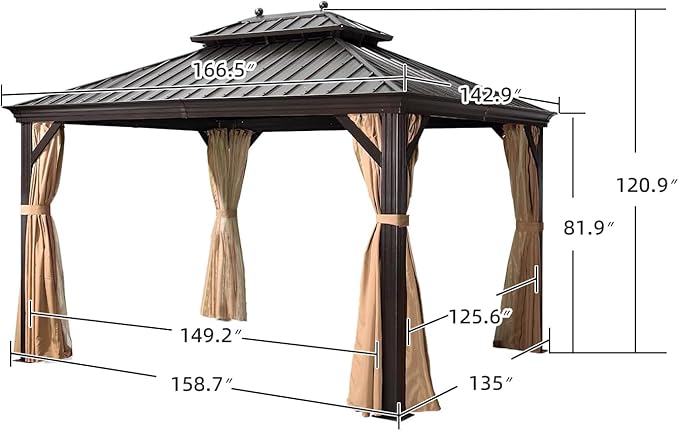 PURPLE LEAF 12' x 14' Hardtop Gazebo Outdoor Metal Roof Sun Shade Tent with Curtains and Netting Patio Canopy Permanent Pavilion