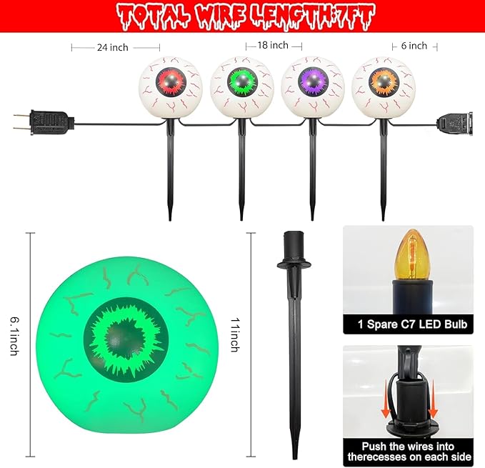 GOOTHY Outdoor Halloween Decorations Pathway Lights, 7Ft Halloween Eyeballs Pathway Markers String Light Waterproof with 4 LED Scary Eyeballs Stakes Lights for Outdoor Walkway Yard Lawn Garden