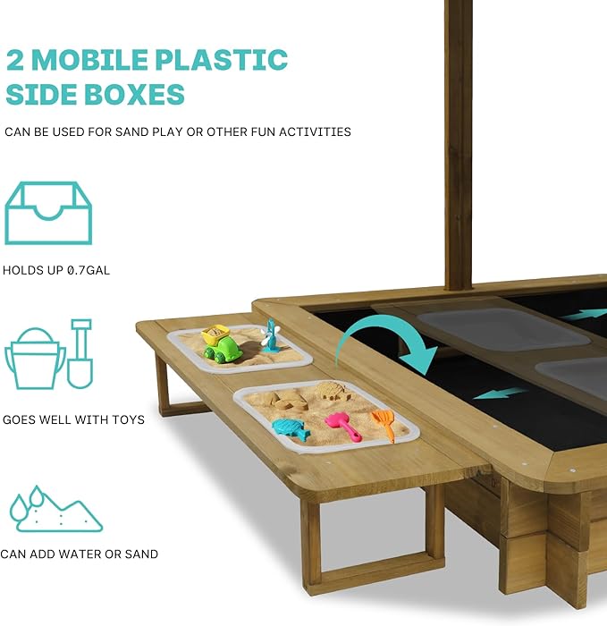 Outdoor Kids Sandbox with Lid, Wooden Sand Box with Cover, with 2 Side Buckets, Adjustable Canopy & UV-Protection, Smooth Surface, Sand Box for Kids Ages 2-8£¨45.3x45.3in£©
