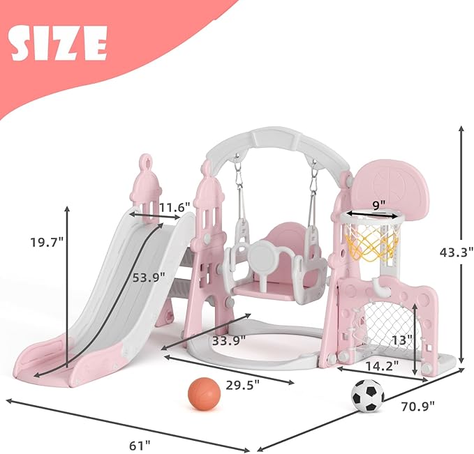 KORIMEFA 5-in-1 Kids Slide and Swing Set, Toddler Slide with Basketball Hoop, Swing, Outdoor Indoor Playground for Toddlers 1-3 (5 in1-Pink)
