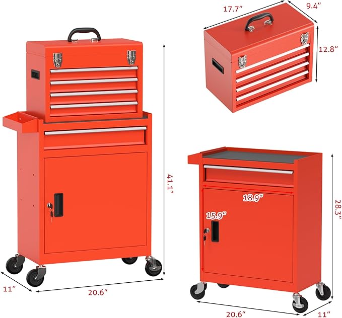 5-Drawer Rolling Tool Chest, High Capacity Removable Tool Storage Cabinet, Detachable Toolbox with Lock for Garage Warehouse and Tool Room (Red)