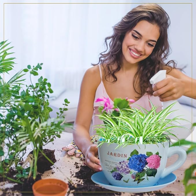 7.5" Ceramic Teacup Planter Pot with Saucer | Ideal for Succulents, Orchids, Herbs & Flowers | Indoor Use| Thoughtful Gift for Christmas, Birthday & More – Blue Hydrangea Jardin