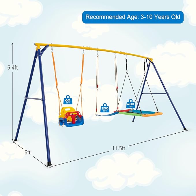 Costzon 660 lbs Swing Sets for Backyard, 3-in-1 Heavy Duty Extra Large Metal Frame with Platform Swing, Belt Swing, Baby Swing, Indoor Outdoor Playground Playset, Swing Set for Kids Toddlers