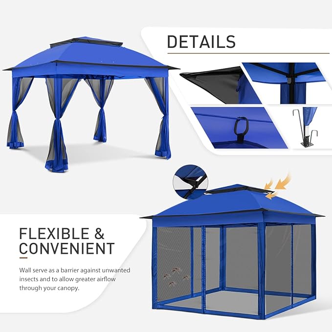COOS BAY 11x11 Pop Up Gazebo with Mesh Netting, Instant Outdoor Canopy Tent, Water Resistant Shelter with UPF 50+ UV Protection, 121 Sq Ft Coverage, Blue