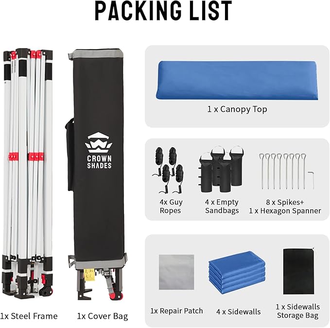 CROWN SHADES 10X10 Comercial Instant Canopy Pop Up Tent with Center Lock (10x10 with 4 Sidewalls, Blue)