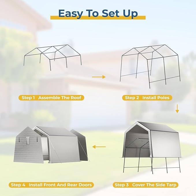 10 x 10 FT Carport, Portable Shed w/220G Heavy Duty Waterproof PE Tarp, Roll-up Zipper Door & Vent, Weather-Resistant Storage Shed for Motorcycle, Bike and Tools, Gray