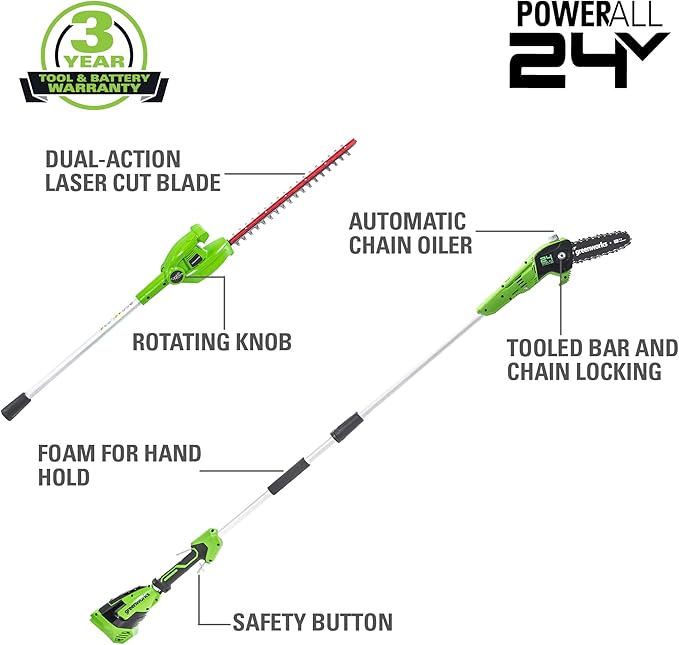 Greenworks 24V 8 Cordless Polesaw + 20 Pole Hedge Trimmer Combo (Great For Pruning and Trimming Branches / Shrubs), 2.0Ah Battery and Charger Included