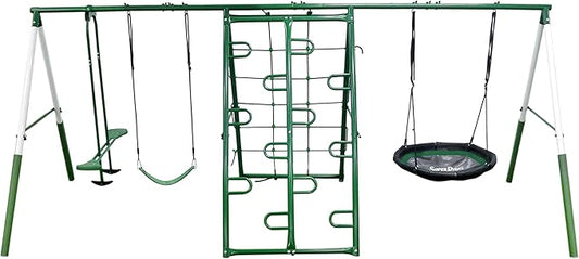 Swing, Climb and Glide Play Center. Backyard Playground Set. Easy Assembly, 7 User / 5 Station Metal Outdoor Play Set for Kids with Two Climbing Stations. 176 L x 69 Deep x 73 H, by XDP Recreation