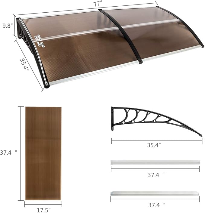 Window Awning Door Canopy Exterior- 38" x 80" Aluminum Door Awning, Polycarbonate Cover Patio Canopy Awning for House, Outside, Rain Snow & UV Resistant (Brown Board & Black Bracket)