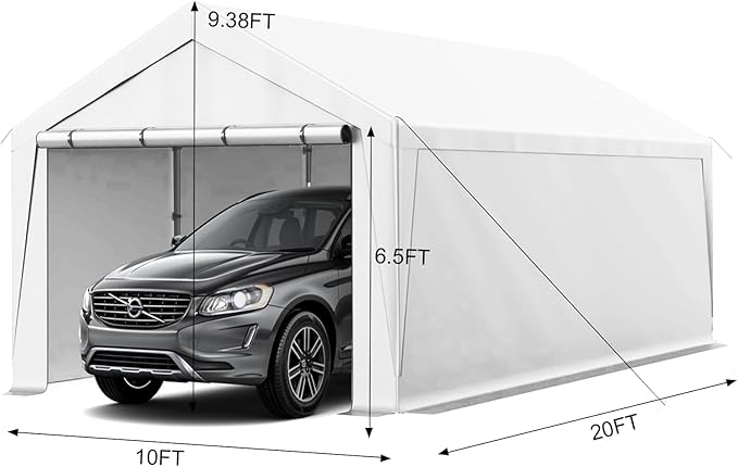 10x20 Carport, Heavy Duty Carports with Removable Sidewalls, Waterproof and UV-Resistant Portable Outdoor Garage Shelter for All Season (White)