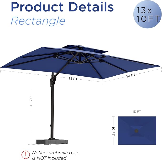10' X 13' Patio Umbrella Outdoor Large Rectangle Offset Cantilever Umbrellas Double Top Heavy Duty Windproof with 360-degree Rotation for Pool Garden Deck, Navy