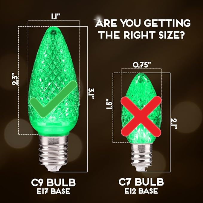 HLO Lighting Set of 500 Green C9 Faceted LED Christmas Light Bulbs for Indoor & Outdoor Use | Durable Replacement Bulbs