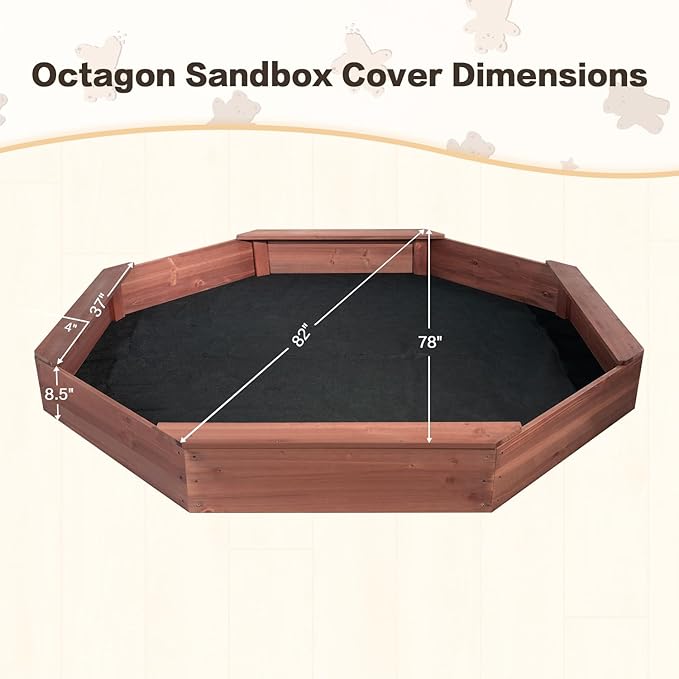 Wooden Octagonal Sandbox with Cover, Outdoor Sandpit with 4 Bench Seats, Sand Box for Children, Beach for Backyard, Patio, Garden£¬red