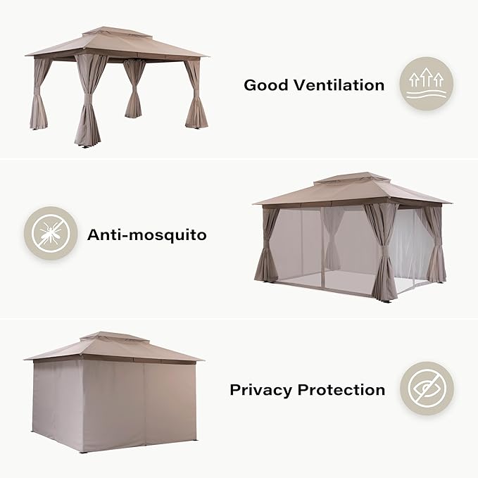 LAUSAINT HOME 10x13ft Outdoor Patio Gazebo with Double Roof, Heavy Duty Waterproof Gazebo Canopy Tent with Mosquito Netting for Backyard, Garden, Lawn & Wedding, Champagne