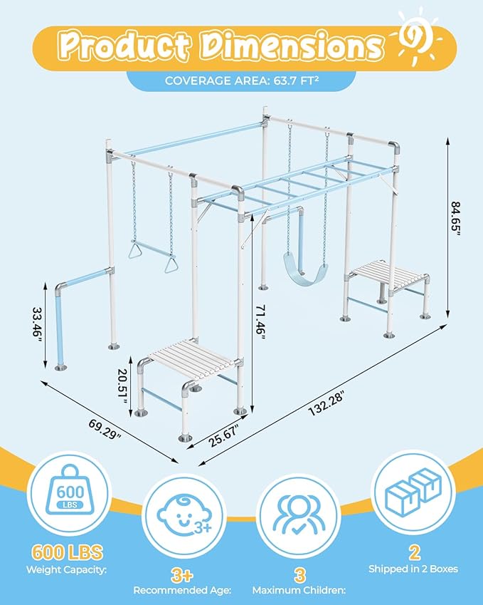 Outdoor Jungle Gym with Monkey Bars Frame, Climbing Set, Trapeze Swing Bar, Belt Swing, Kids Gymnastics Bars, Playground Set with Powder Coated Galvanized Steel for Backyard, Garden, White