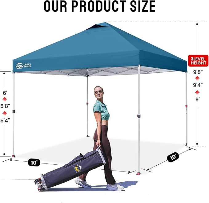 CROWN SHADES 10x10 Pop Up Canopy - Beach Tent with One Push Setup - Easy Outdoor Sun Shade for Events, Parties, Camping - Gazebo with STO-N-Go Cover Bag, Silver Coated Top, Cyan Blue