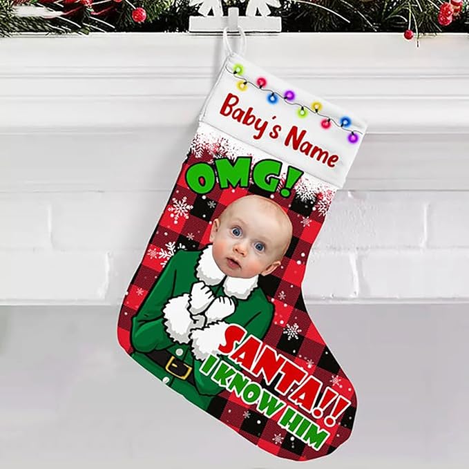 LOVELYPOD Christmas Stockings Personalized with Name, 19" Christmas Stocking Elf Kids Photo Christmas Stocking 2023, Xmas Stocking Holiday Christmas Decoration Gifts for Family Kids