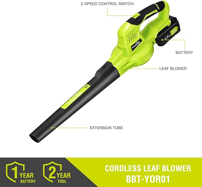 SnapFresh 20V Leaf Blower Cordless - 4.0Ah Battery Electric Leaf Blower with Fast Charger - Lightweight & 2-Speed - Battery Powered Leaf Blowers for Lawn Care, Patio Yard Sidewalk - 130 MPH 140 CFM