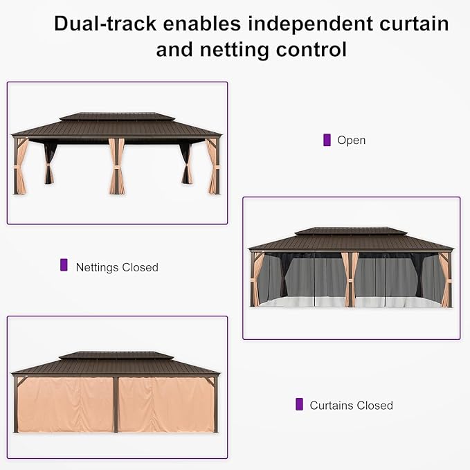 PURPLE LEAF 12' X 24' Hardtop Gazebo Patio Wide Aluminum Frame Metal Double Roof with Heavy Duty Netting and Curtains for Permanent Hard Top Pavilion Screen Khaki