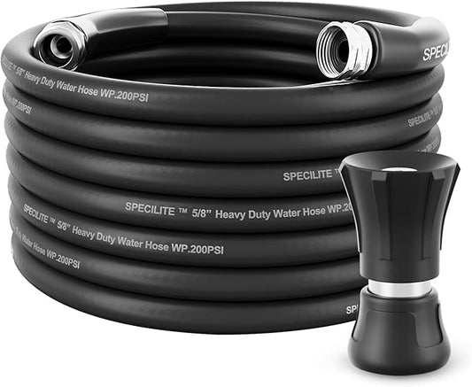 SPECILITE 5/8 Garden Hose 50 ft with High Flow Nozzle, Heavy Duty Flexible Hybrid Rubber Water Hose for Outdoor, Lightweight, Leak-Proof, No-Kink, 3/4Stainless Steel Fittings,Black