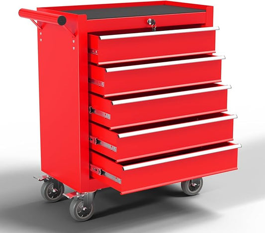 5-Drawer Metal Rolling Tool Chest with Wheels,Tool Storage Cabinet with Locking System£¬Toolbox with Wheels for Garage, Warehouse, Workshop, Repair Shop (Red, 5-Drawer)