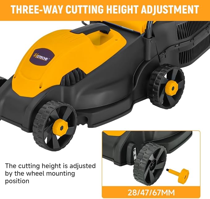 Hoteche 10-Amp Corded Electric Lawn Mower - 12.6 Inch Cutting Width, 30L Grass Bag, 3 Height Adjustments (1-2.2), Lightweight Walk-Behind Mower for Small/Medium Lawns (Easy Push Design)