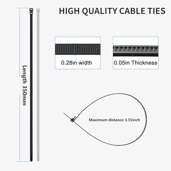 14 Inch Recoverable Reusable Zip Ties, 100PCS White Zip Ties, Outdoor 120 lb. Small Cable Ties, Small Releasable Plastic Ties, Removable Wire Ties for Wire Management Outdoor Patio