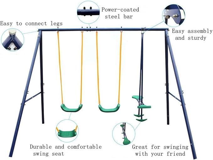 Outdoor Garden Swing Set with Four Seats A-Frame Heavy-Duty Steel with 1 Seesaw and 2 Swings Play Set for Kids