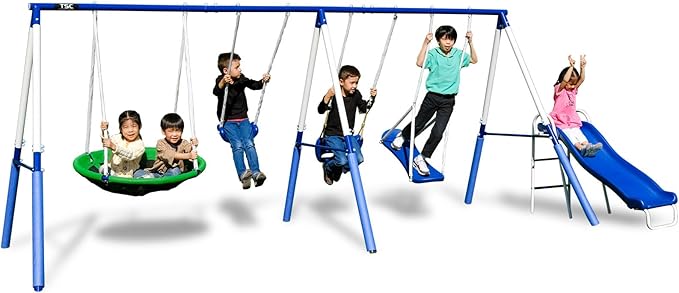TSC Malibu Swing Set for Kids, Outdoor Metal Playset with 5ft Slide, 38" Saucer, Surfboard Swing, Standing & Blow-Molded Swing – Backyard Fun with 500lbs Max Capacity