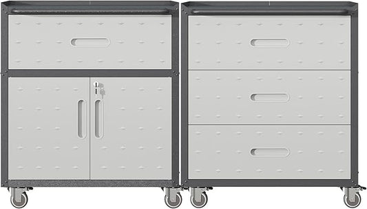 Metal Tool Cabinet,Garage Storage Cabinet System,Wall Cabinet & Locking Rolling Tool Cabinet with Doors and Adjustable Shelves,Steel Tool Cabinets for Home (2 Pcs-StyleE, Black & Grey)
