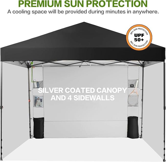 10X10 Comercial Pop Up Canopy Tent with 4 Sidewalls and 6 Pockets, One Push Setup Center Lock, for Beach Patio Outdoor, Case, 8 Stakes, 4 Ropes, 4 Sandbags (Pitch Black)
