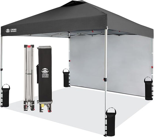 CROWN SHADES 10x10 Pop Up Canopy with 1 Side Wall - Beach Tent with One Push Setup - Outdoor Sun Shade for Events, Parties, Camping - Gazebo with STO-N-Go Cover Bag (Grid Grey)