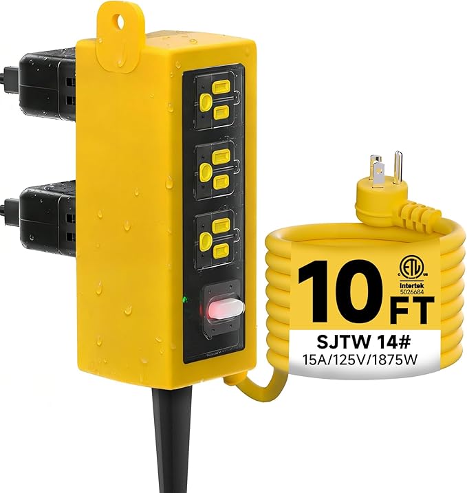 IP66 Outdoor Power Strip Waterproof,Heavy Duty Surge Protector, 10 FT Extension Cord, All-Weatherproof,6AC, Suitable for Outdoor, Work Room, Patio Gardens, Pool Parties,Yellow