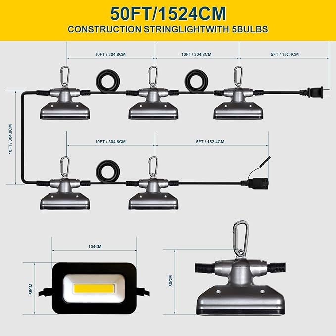 GT-Lite 50FT LED Work Light 50W 5000 Lumen Damp Rated Construction String Lights Linkable for Jobsite Lighting, 5000k Daylight White, ETL Listed (5 Light Heads)