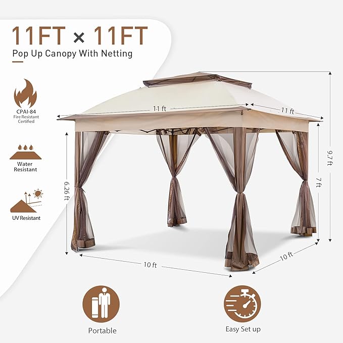 COOS BAY 11x11 Pop Up Gazebo with Mesh Netting, Instant Outdoor Canopy Tent, Water Resistant Shelter with UPF 50+ UV Protection, 121 Sq Ft Coverage, Beige