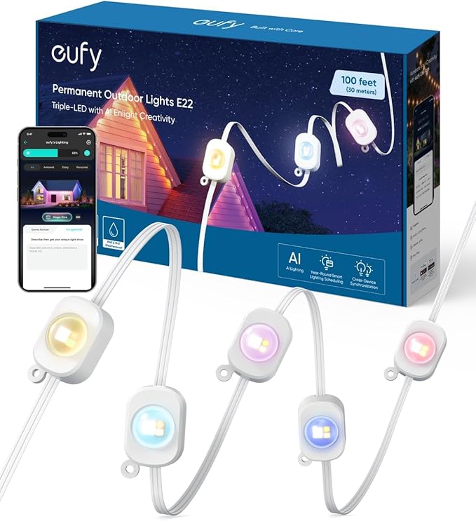 eufy Permanent Outdoor Lights E22, 50ft with 30 Triple-LED Lights, Smart RGBWW for Christmas, Daily and Holiday, IP67 Waterproof, AI Lighting Themes for Christmas Decorations, Links with Cameras