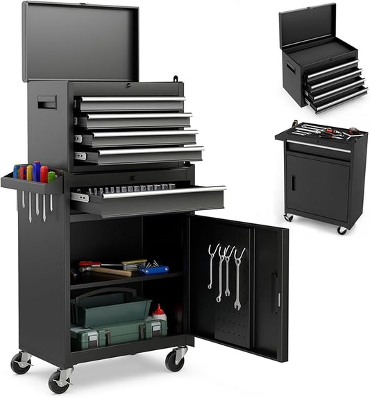 ERGOMASTER Tool Chest Heavy Duty Rolling Tool Box with Cabinet 5-Drawer for Lockable & Removable Cabinet for Garage and Workshop - Black