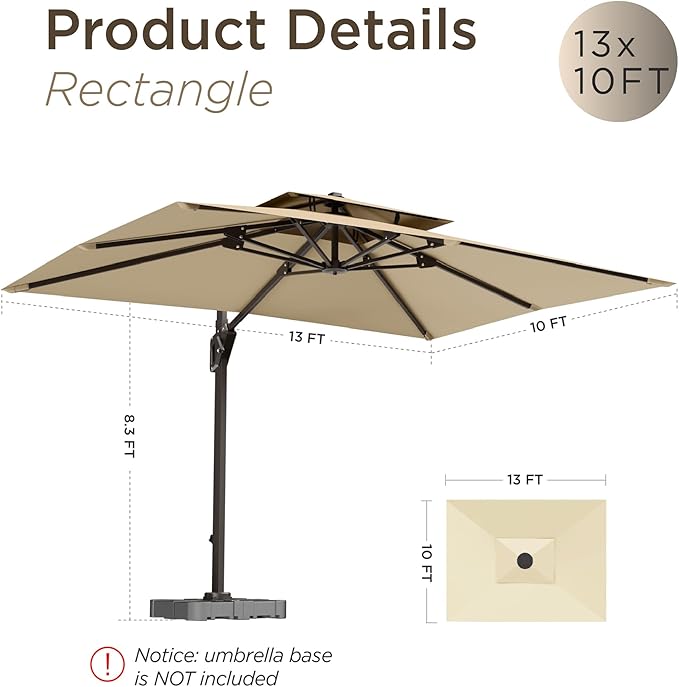 10' X 13' Patio Umbrella with Base Included Outdoor Large Rectangle Offset Cantilever Umbrellas Double Top Heavy Duty Windproof with 360-degree Rotation for Pool Garden Deck, Beige