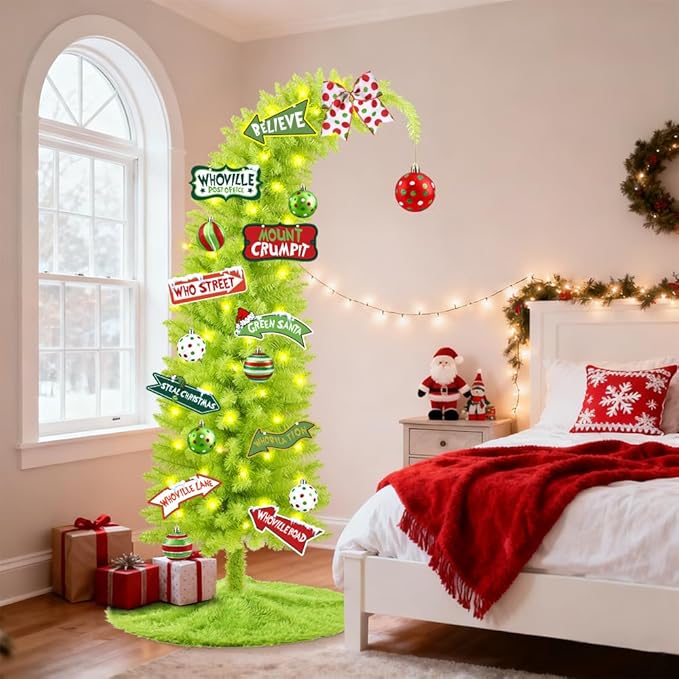 YUJUN 5.25ft Christmas Whimsical Bendable Artificial Tree, 150 LED Lights Christmas Green Tree Skirt with Timer 8 Lighting Modes for Xmas Indoor Outdoor Home Living Room Office Holiday Decoration