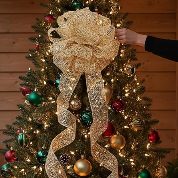 CT CRAFT LLC Champagne Gold Glitter Mesh Christmas Tree Topper Bow 11" with 4 Ribbon Streamers x 3 Yards Long Each for Holidy Elegant Fancy Home Décor Indoor